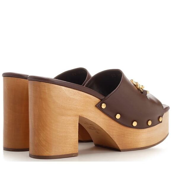 VALENTINO V Logo Chain Open Toe Platform Mules Brown Leather Wooden Heel 8.5 NEW - Picture 3 of 15